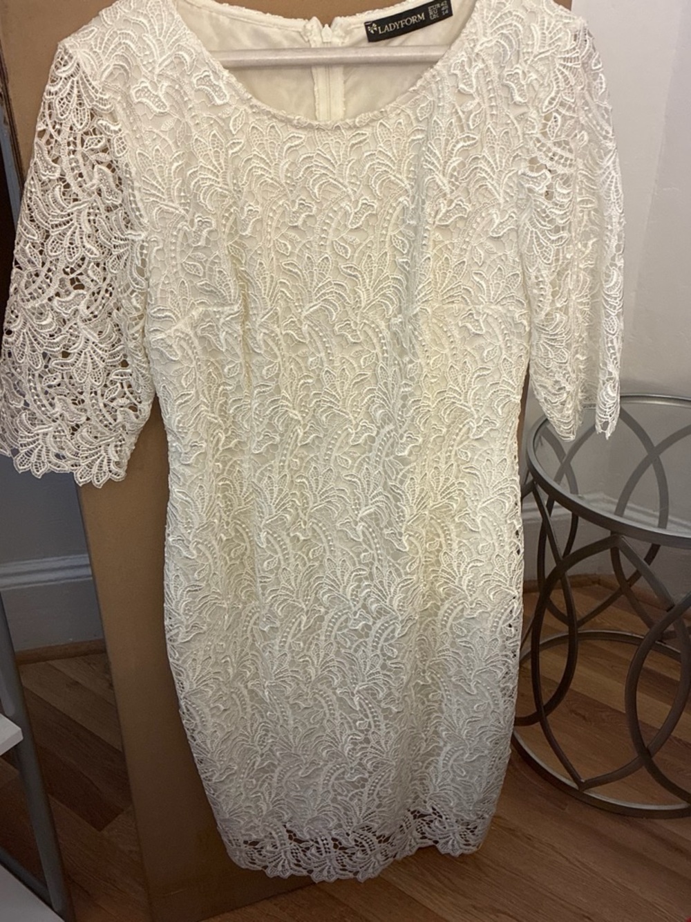Ivory Lace Midi Dress with Scalloped Sleeves